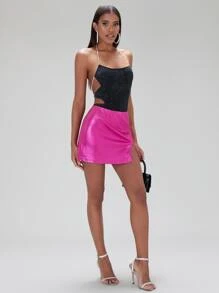 SHEIN BAE Chain Detail Lace Up Backless Halter Bodysuit - Black - View 3