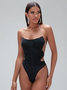 SHEIN BAE Chain Detail Lace Up Backless Halter Bodysuit - Black - View 5