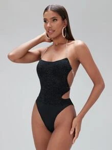 SHEIN BAE Chain Detail Lace Up Backless Halter Bodysuit - Black - View 6