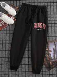 Manfinity Dauomo Men Letter Graphic Drawstring Waist Jogger Sweatpants - Black - View 1