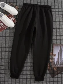 Manfinity Dauomo Men Letter Graphic Drawstring Waist Jogger Sweatpants - Black - View 2