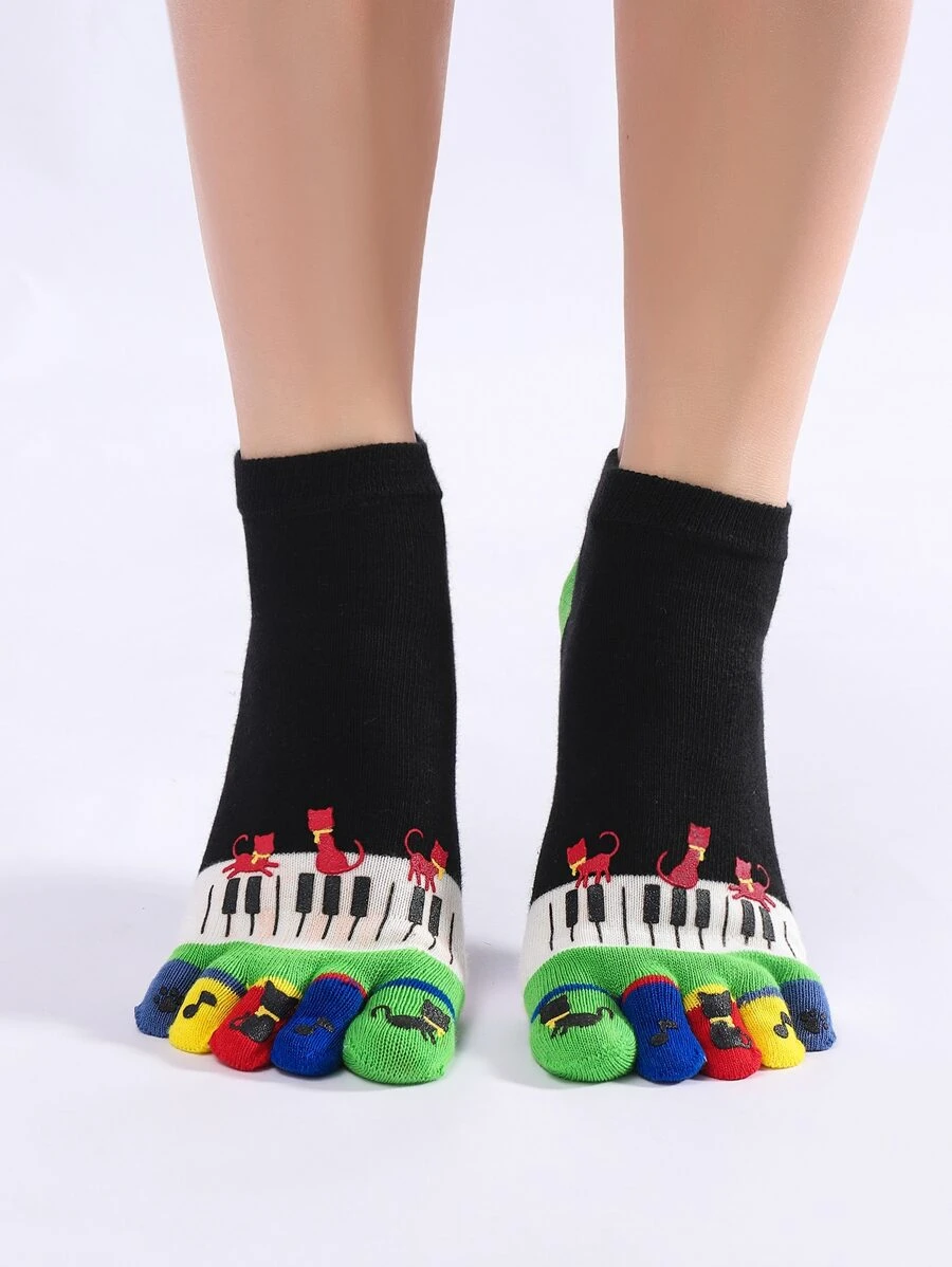 Calcetines de dedo gato de dibujos animados & llave de piano - Multicolor - Ver 1