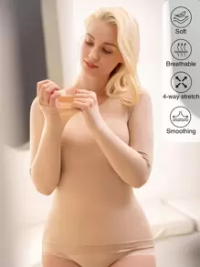 女士无缝运动文胸上衣，圆领长袖轻薄夏季打底衫