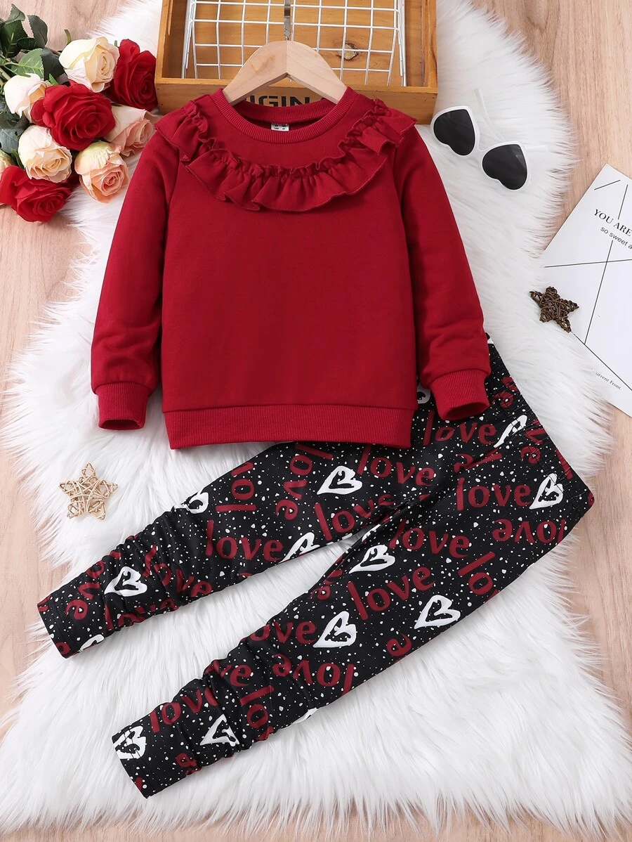Toddler Girls Ruffle Trim Pullover & Heart Print Leggings - Multicolor - View 1