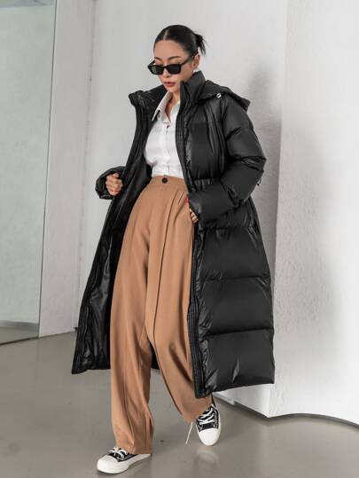 DAZY Solid Drawstring Hooded Zipper Belted Padded Thick Pockets Coat, Women Winter Coat