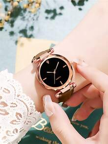 1入組圓形指針石英手錶和1入組手環 - 棕色 - 查看 4