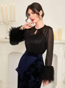 Modelyn Keyhole Neckline Fuzzy Cuff Blouse Without Camisole - Black - View 1