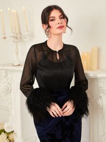 Modelyn Keyhole Neckline Fuzzy Cuff Blouse Without Camisole - Black - View 3