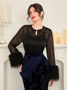 Modelyn Keyhole Neckline Fuzzy Cuff Blouse Without Camisole - Black - View 4