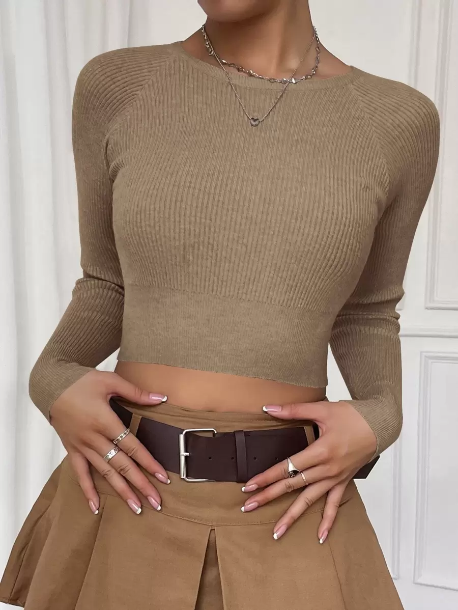 SHEIN Essnce Raglan Sleeve Crop Jumper - Camel - View 1