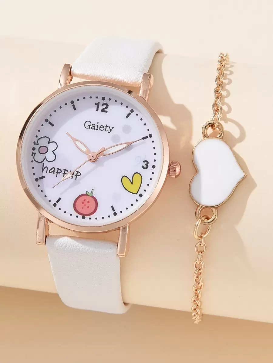 1pc Kids Cartoon Graphic Round Pointer Quartz Watch & 1pc Bracelet - White - View 1