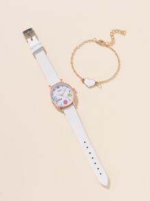 1pc Kids Cartoon Graphic Round Pointer Quartz Watch & 1pc Bracelet - White - View 2