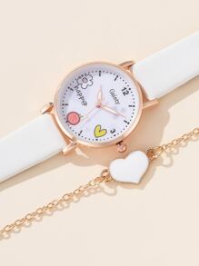 1pc Kids Cartoon Graphic Round Pointer Quartz Watch & 1pc Bracelet - White - View 3