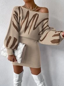 SHEIN Essnce Graphic Pattern Batwing Sleeve Jumper Dress - Khaki - View 3