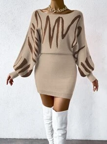 SHEIN Essnce Graphic Pattern Batwing Sleeve Jumper Dress - Khaki - View 5