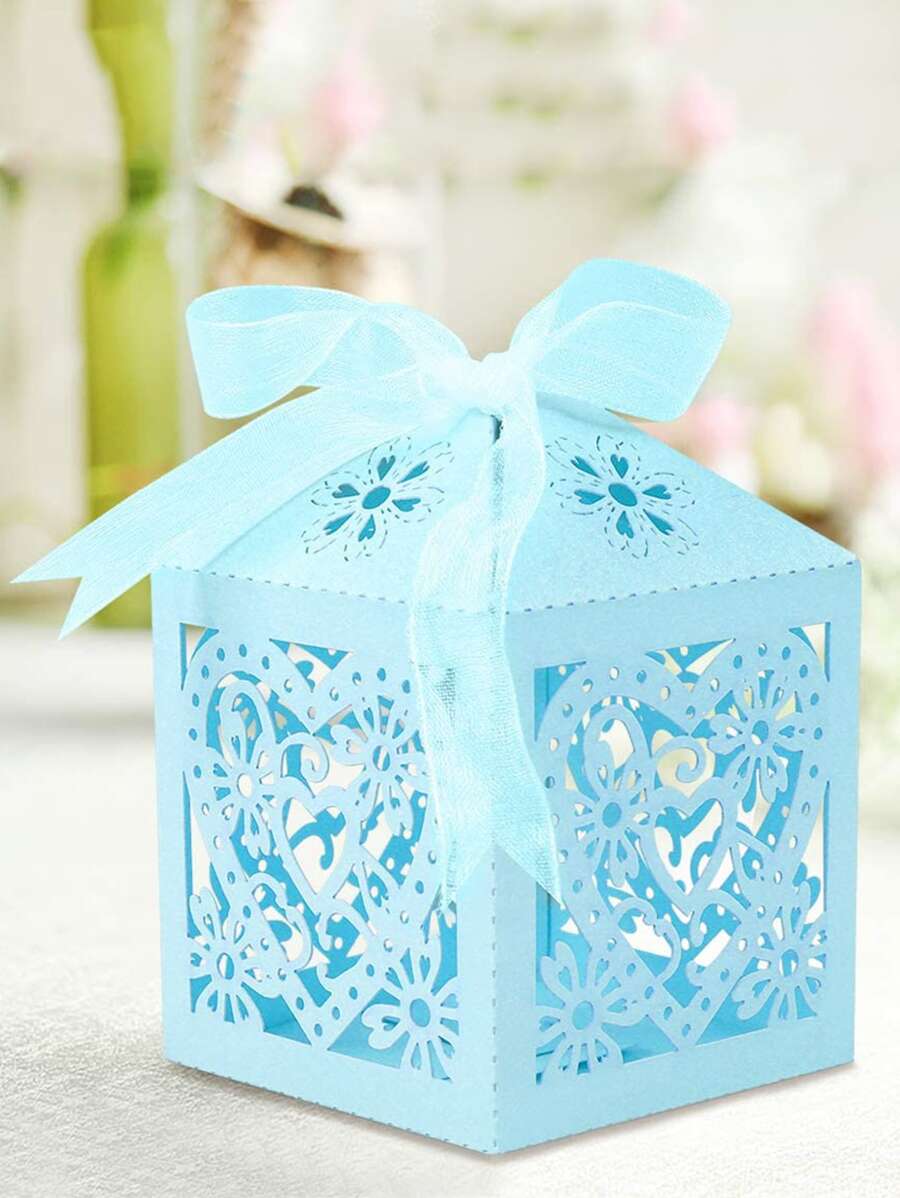 10 piezas de cajas de papel con forma de corazón huecas hechas con láser para el Día de San Valentín y bodas - Azul - Ver 1