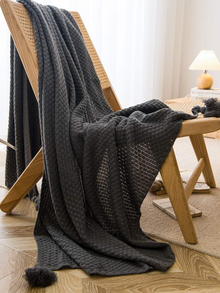1pc Plain Tassel Decor Blanket - Grey - View 1