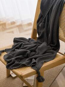 1pc Plain Tassel Decor Blanket - Grey - View 4