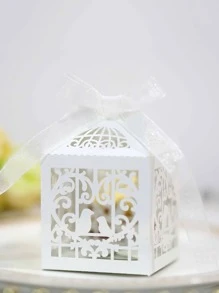 10pcs Bow Decor Foldable Paper Gift Box,Romantic Bird Graphic Hollow Out Gift Wrapping Bag For Wedding - White - View 1