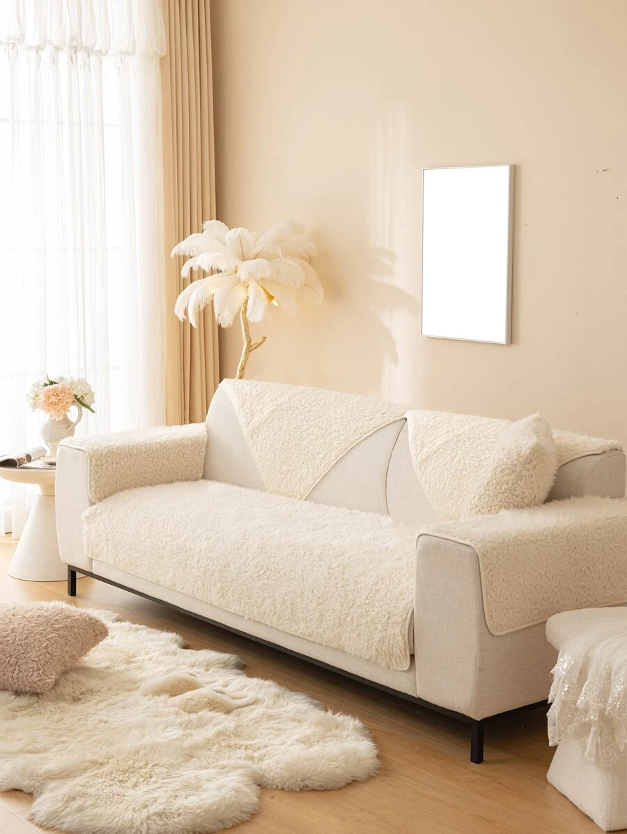 1pc Fluffy Sofa Towel - Beige - View 1