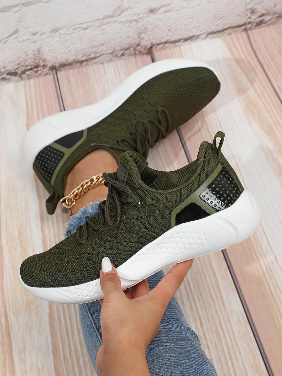 Two Tone Lace Up Front Running Shoes - Army Green - View 1