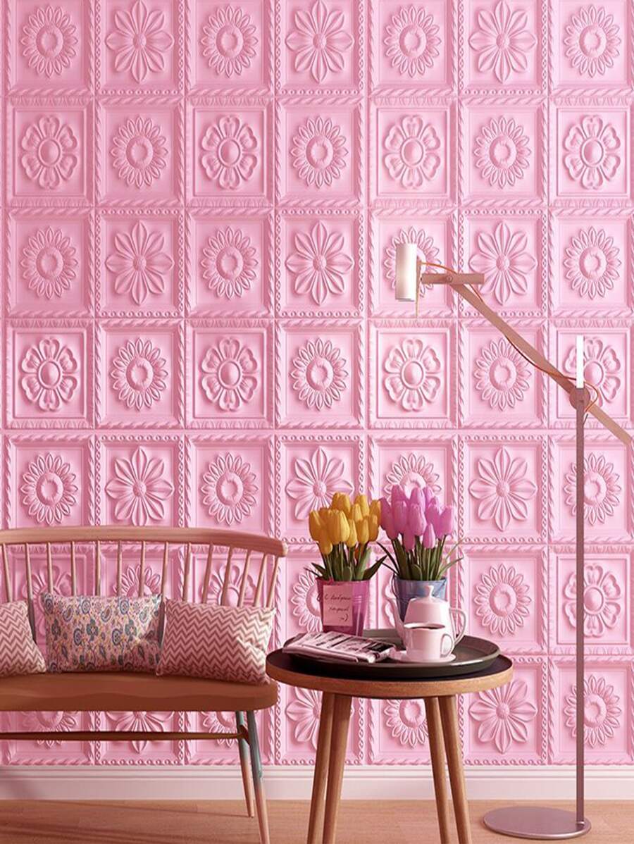 1 pieza de papel tapiz de estilo Pastoral 3D, decoración de pared de habitación autoadhesiva, pegatina impermeable para el hogar, bolsa suave junto a la cama, pegatina de pared de fondo - Rosa - Ver 1