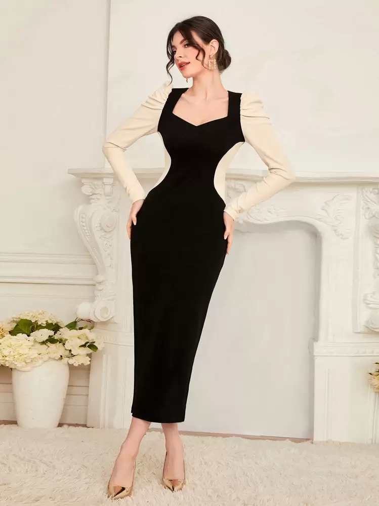 Modelyn Colorblock Puff Sleeve Split Back Dress - Black - View 1