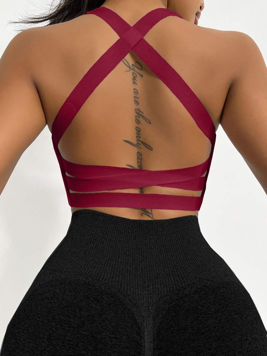 Yoga Basic Crisscross Backless Sports Bra - Rose Red - View 1