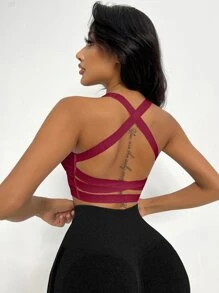 Yoga Basic Crisscross Backless Sports Bra - Rose Red - View 5