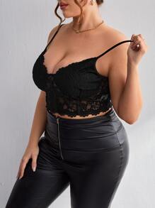 SHEIN Privé Top de tirantes corto con encaje - Negro - Ver 3