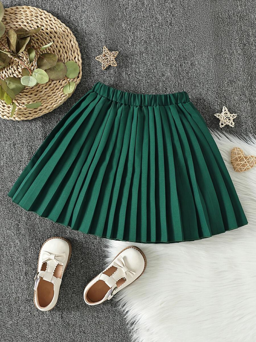 SHEIN Girls Solid Pleated Skirt - Dark Green - View 1
