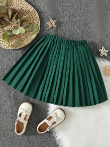 SHEIN Girls Solid Pleated Skirt - Dark Green - View 2