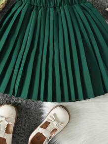SHEIN Girls Solid Pleated Skirt - Dark Green - View 4