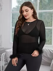 SHEIN SXY Plus Fuzzy Cuff Mesh Top Without Bra - Black - View 4