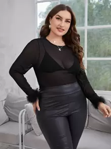 SHEIN SXY Plus Fuzzy Cuff Mesh Top Without Bra - Black - View 5