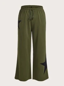 SHEIN ICON 大碼星星印花腰部抽繩衛褲 - 軍綠色 - 查看 1