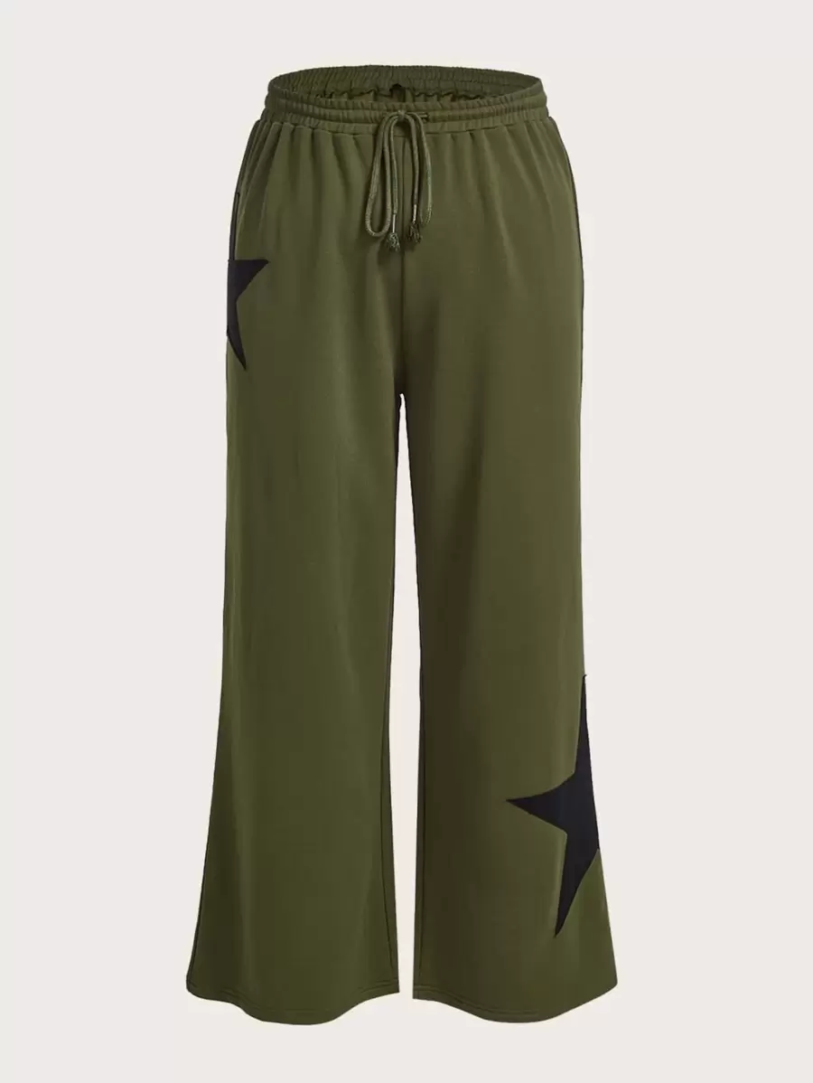 SHEIN ICON 大碼星星印花腰部抽繩衛褲 - 軍綠色 - 查看 1