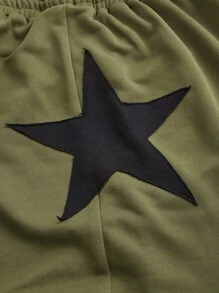 SHEIN ICON 大碼星星印花腰部抽繩衛褲 - 軍綠色 - 查看 3