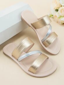 Girls Metallic Two Tone Criss Cross Slides - Champagne - View 1