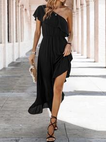 SHEIN VCAY One Shoulder Ruffle Trim Asymmetrical Hem Dress - Black - View 5