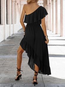 SHEIN VCAY One Shoulder Ruffle Trim Asymmetrical Hem Dress - Black - View 2