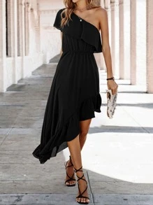 SHEIN VCAY One Shoulder Ruffle Trim Asymmetrical Hem Dress - Black - View 3