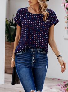 SHEIN LUNE Polka Dot Batwing Sleeve Blouse - Navy Blue - View 1