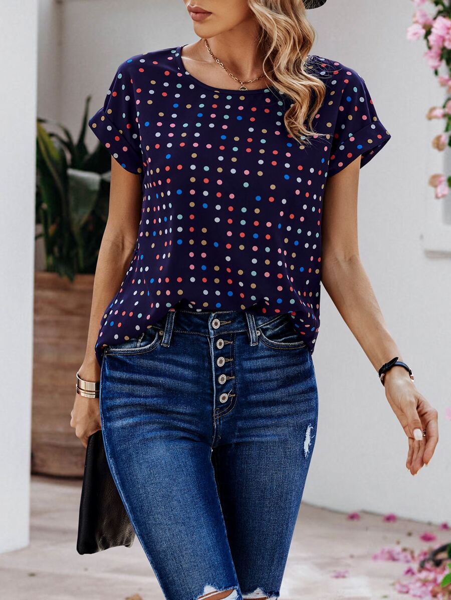 SHEIN LUNE Polka Dot Batwing Sleeve Blouse - Navy Blue - View 1