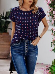 SHEIN LUNE Polka Dot Batwing Sleeve Blouse - Navy Blue - View 3