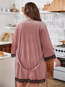 ribete con encaje con cinturón franela Bata & Vestido de tirantes Set - Rosa vieja - Ver 2