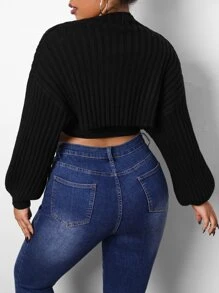 SHEIN Essnce áo hở cổ kích thước lớn Gân đan màu trơn Giải trí - màu đen - Xem 2