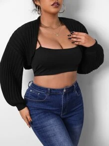 SHEIN Essnce áo hở cổ kích thước lớn Gân đan màu trơn Giải trí - màu đen - Xem 3