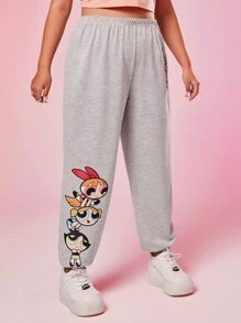 The Powerpuff Girls | ROMWE Plus Cartoon & Letter Graphic Sweatpants - Light Grey - View 4