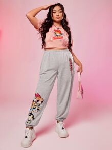 The Powerpuff Girls | ROMWE Plus Cartoon & Letter Graphic Sweatpants - Light Grey - View 6